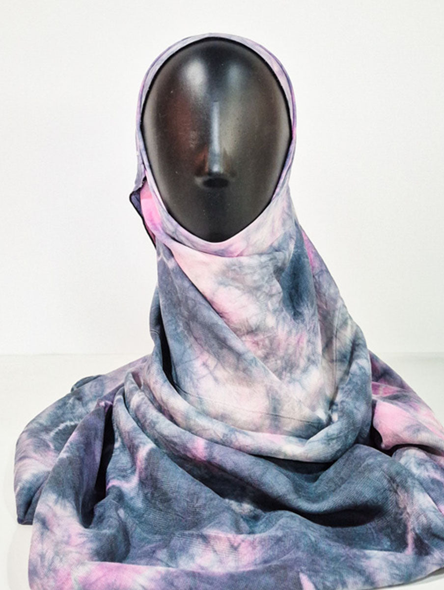 Blue Gray and Pink Pattern Silk Kimono x Hijab
