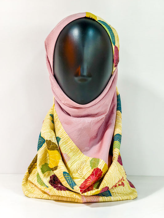 Pink and Yellow Floral Silk Kimono x Hijab