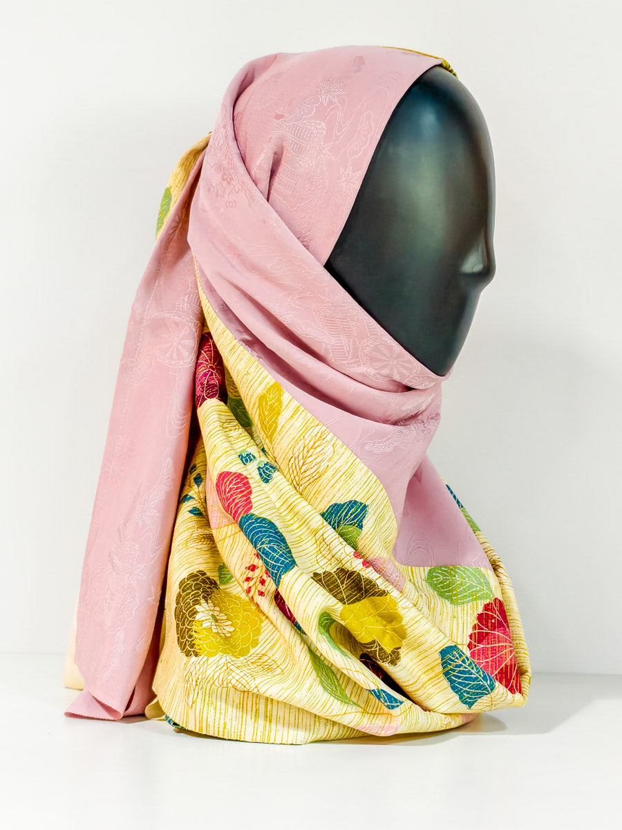 Pink and Yellow Floral Silk Kimono x Hijab