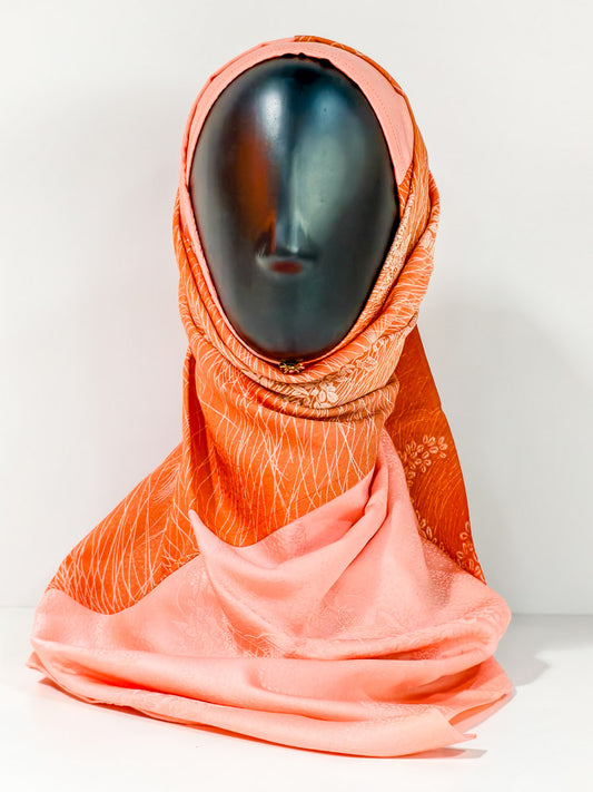 Orange Geometric Floral Silk Kimono x Hijab