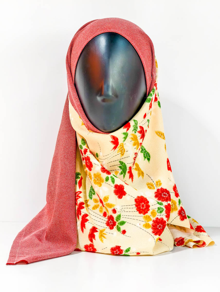 Peach and Red Floral Theme Silk Kimono x Hijab