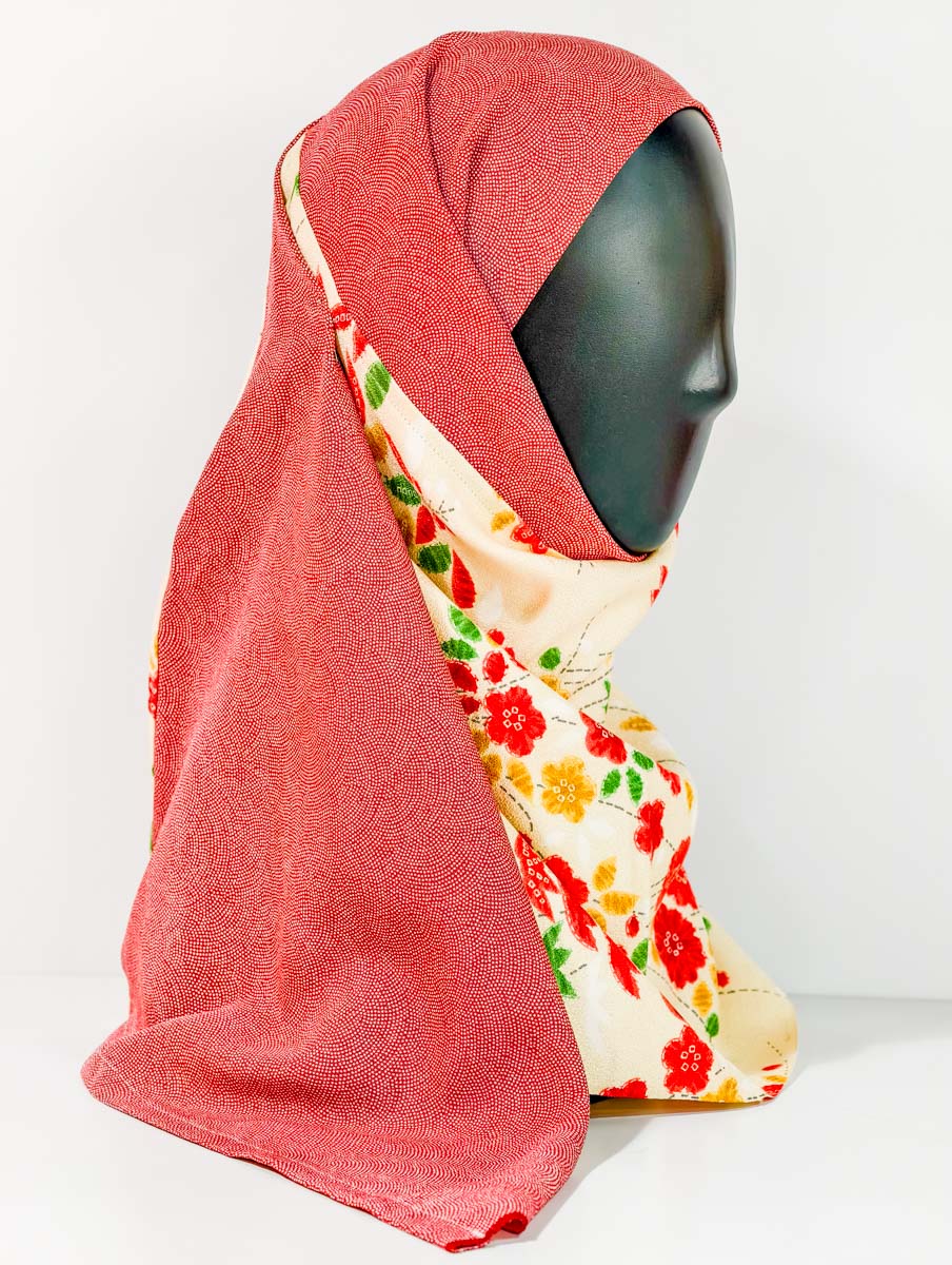 Peach and Red Floral Theme Silk Kimono x Hijab