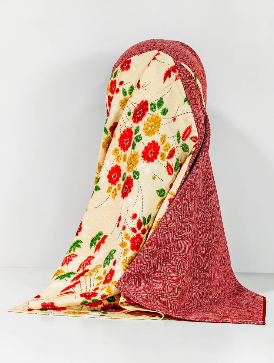 Peach and Red Floral Theme Silk Kimono x Hijab