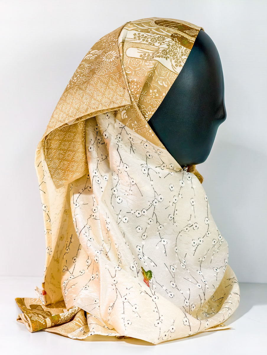 Beige Floral Woven Silk Kimono x Hijab