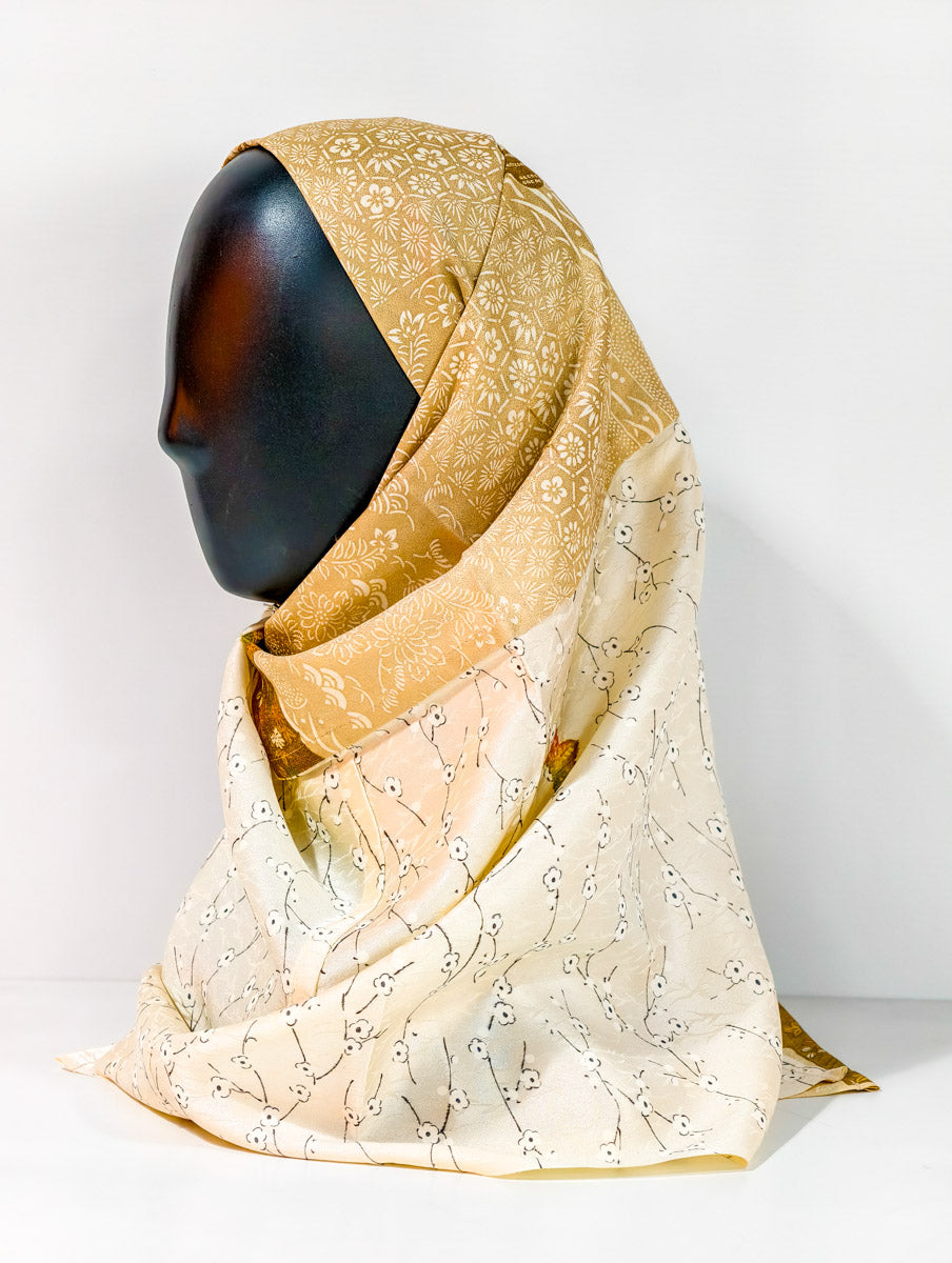 Beige Floral Woven Silk Kimono x Hijab