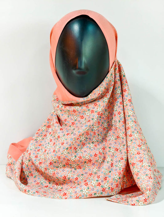 Peach Floral Theme Silk Kimono x Hijab