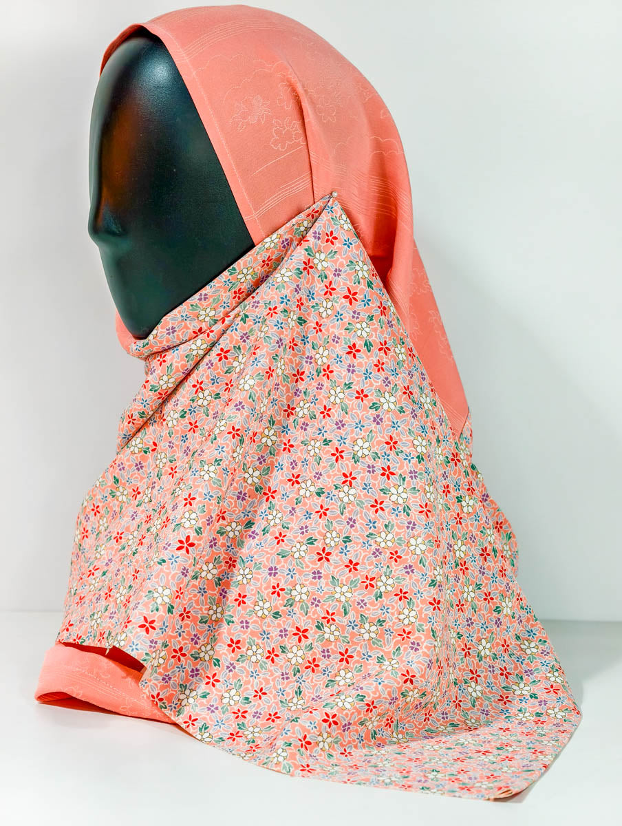 Peach Floral Theme Silk Kimono x Hijab