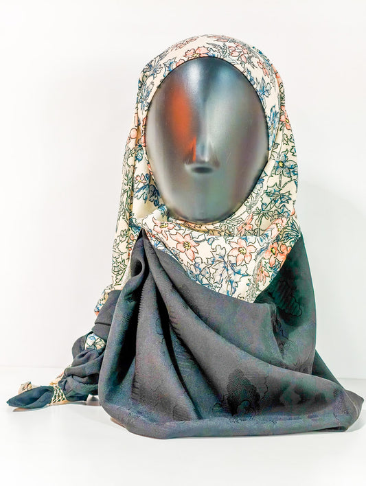 Black and Cream Floral Silk Kimono x Hijab