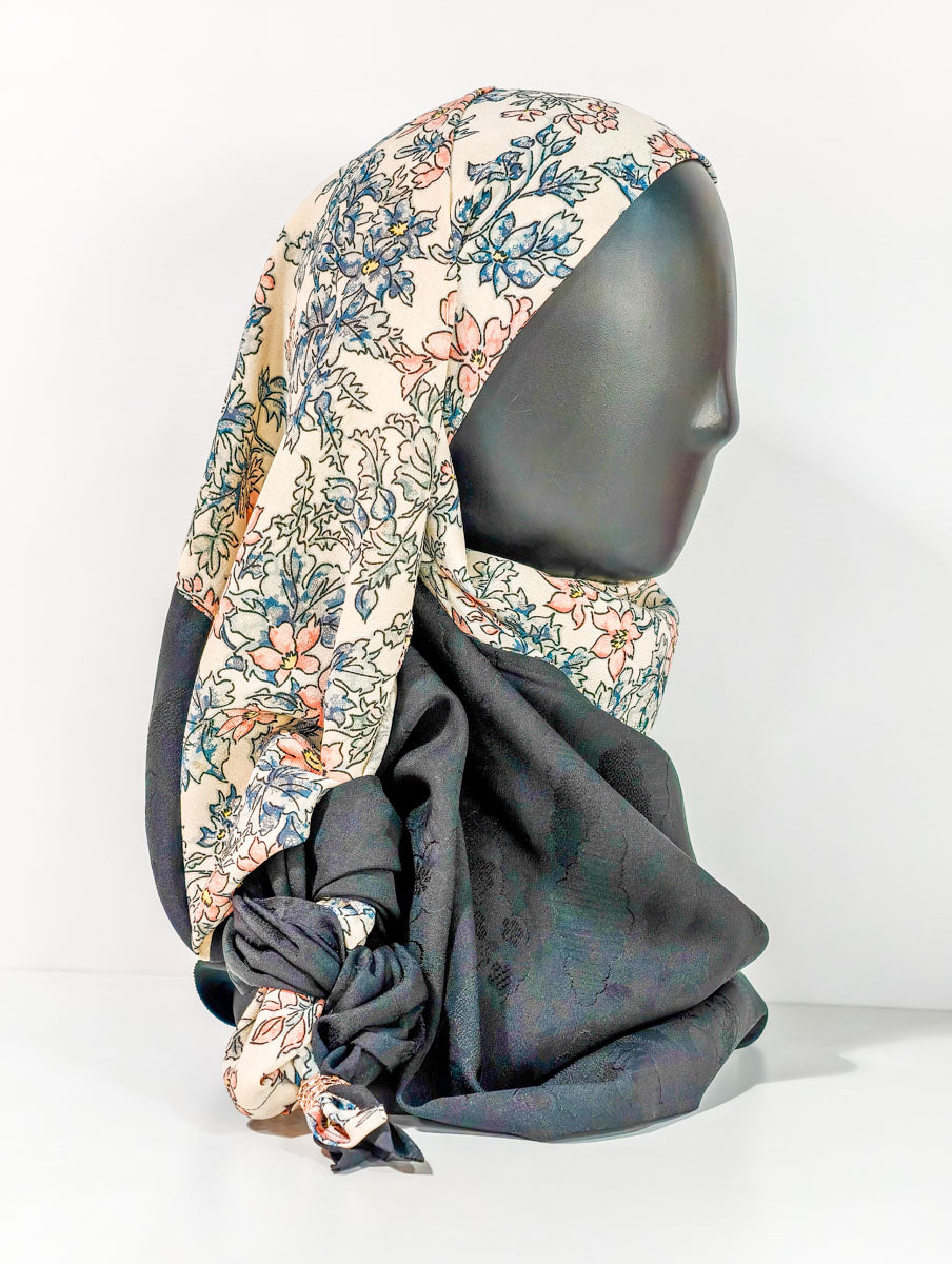 Black and Cream Floral Silk Kimono x Hijab