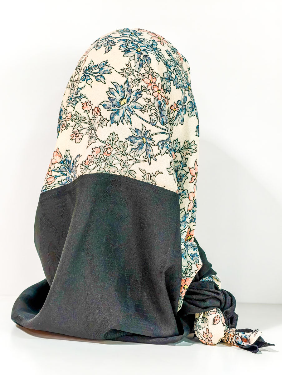 Black and Cream Floral Silk Kimono x Hijab