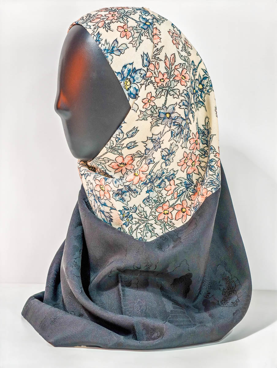 Black and Cream Floral Silk Kimono x Hijab