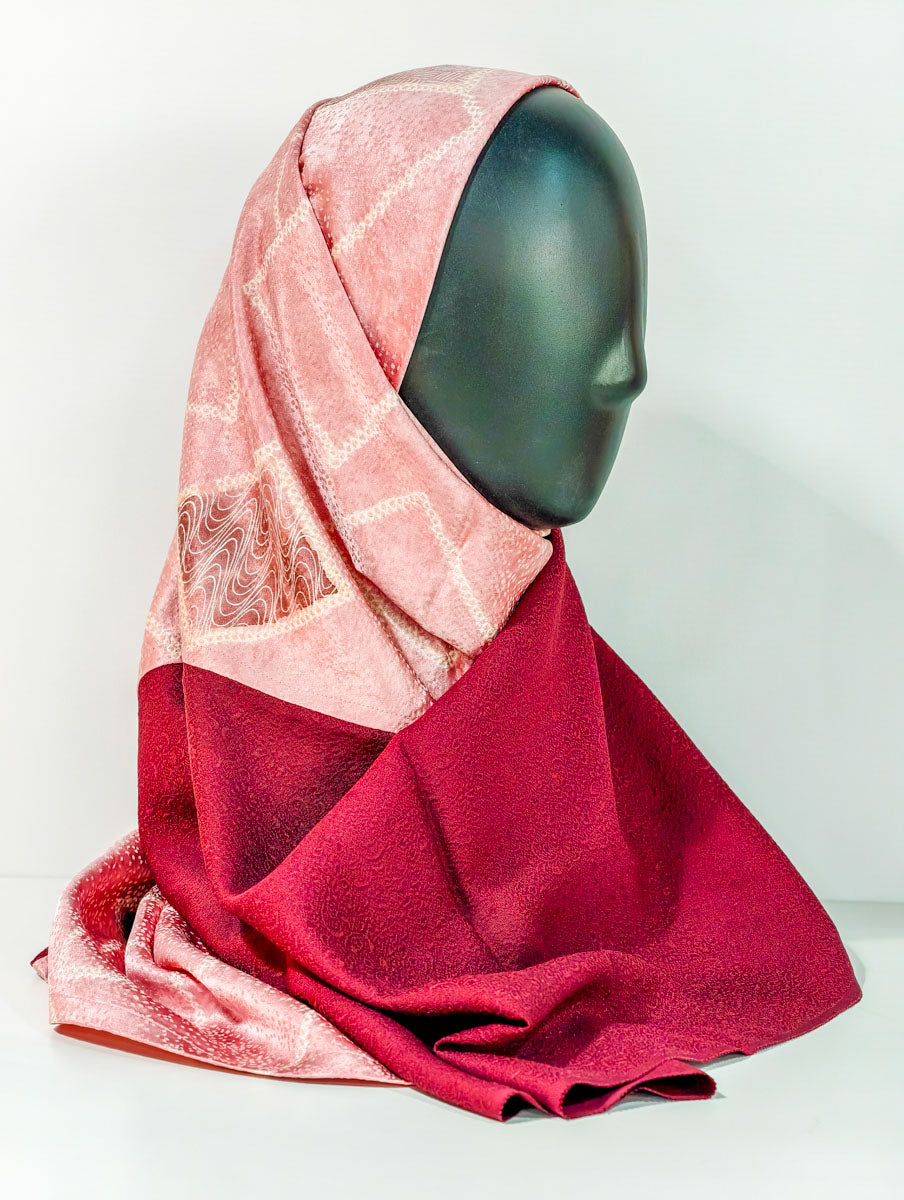 Red and Peach Geometric Inspired Silk Kimono x Hijab