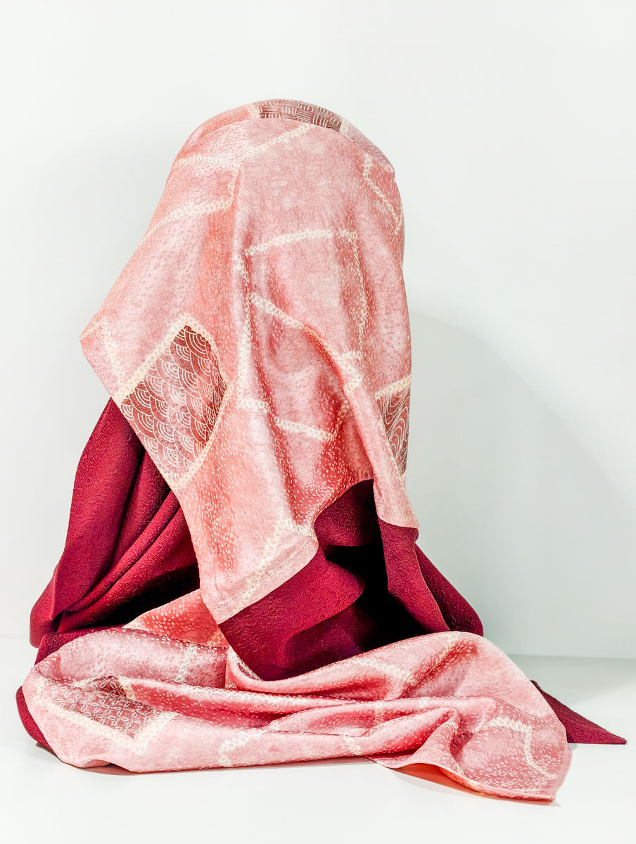 Red and Peach Geometric Inspired Silk Kimono x Hijab