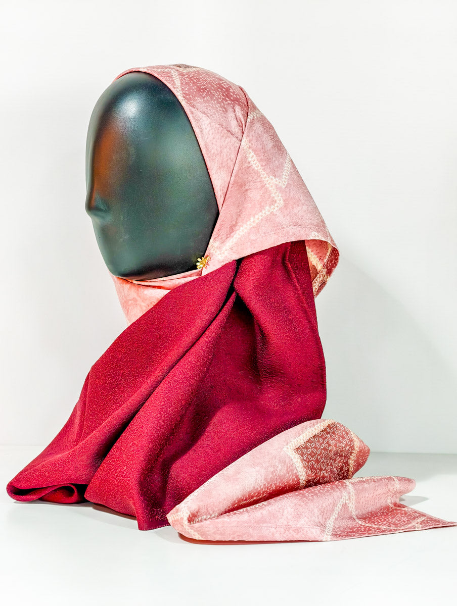 Red and Peach Geometric Inspired Silk Kimono x Hijab