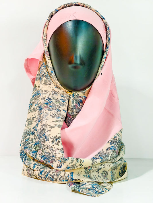 Beige and Pink Landscape Inspired Silk Kimono x Hijab