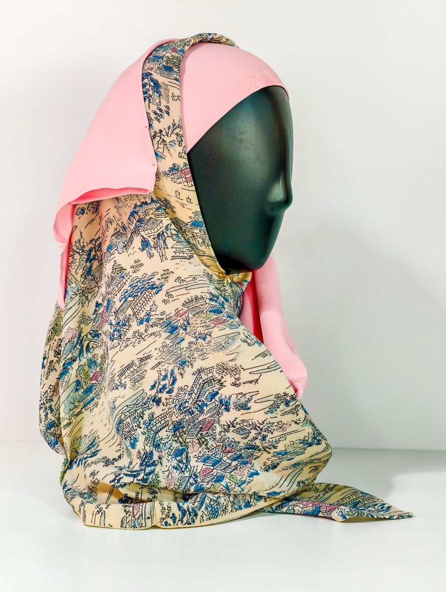 Beige and Pink Landscape Inspired Silk Kimono x Hijab