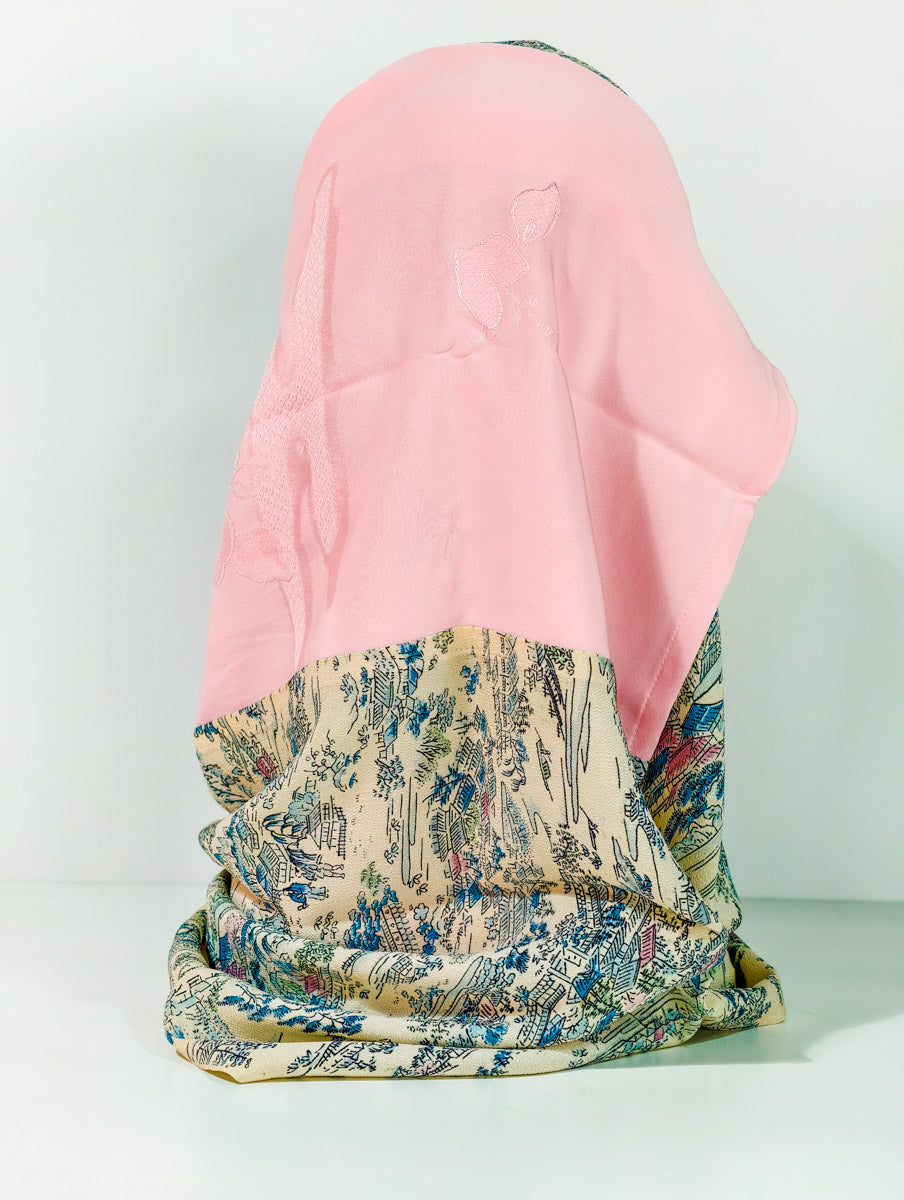 Beige and Pink Landscape Inspired Silk Kimono x Hijab