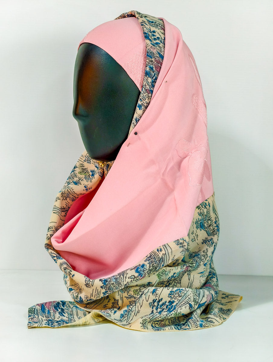 Beige and Pink Landscape Inspired Silk Kimono x Hijab
