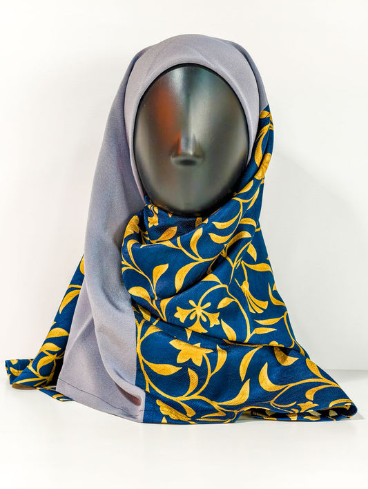 Grey and Blue Abstract Floral Silk Kimono x Hijab