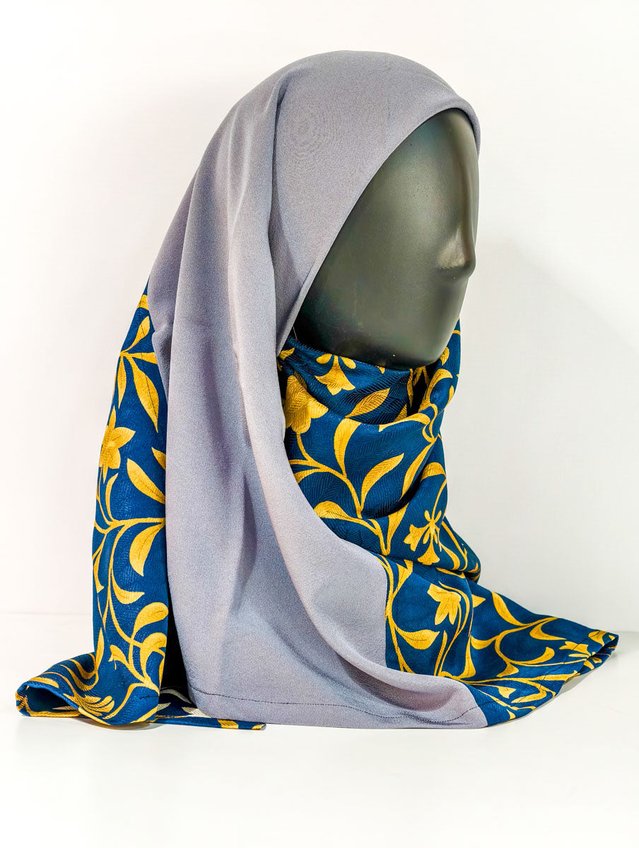 Grey and Blue Abstract Floral Silk Kimono x Hijab