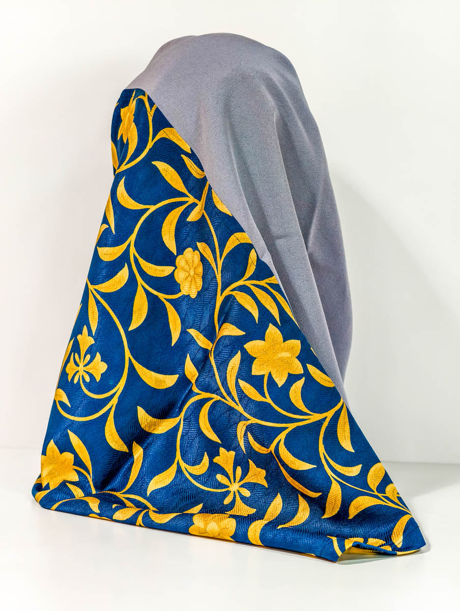 Grey and Blue Abstract Floral Silk Kimono x Hijab