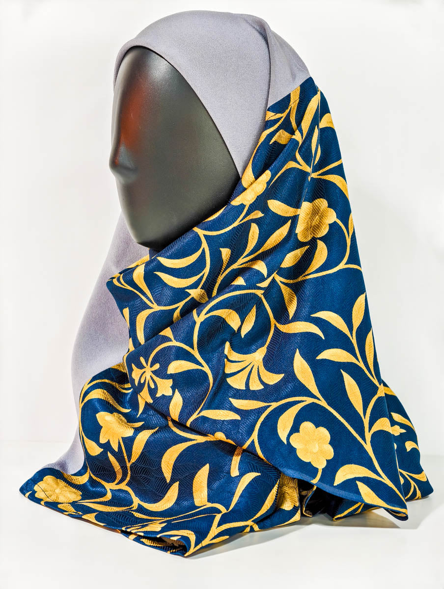 Grey and Blue Abstract Floral Silk Kimono x Hijab