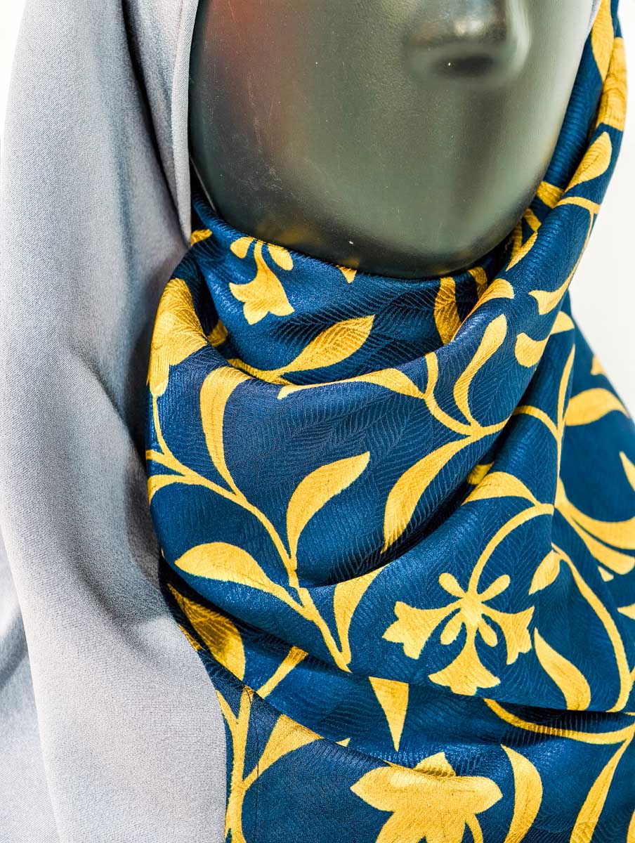 Grey and Blue Abstract Floral Silk Kimono x Hijab