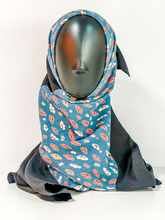 Black and Blue Sakura Floral Silk Kimono x Hijab
