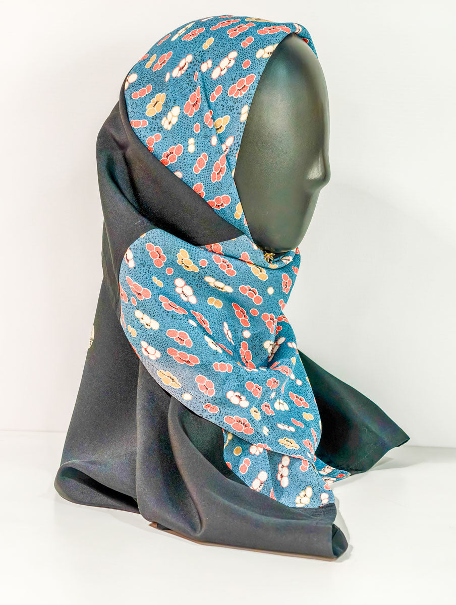 Black and Blue Sakura Floral Silk Kimono x Hijab