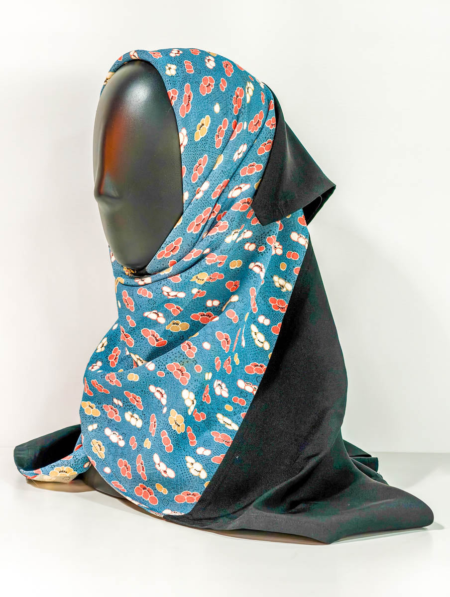 Black and Blue Sakura Floral Silk Kimono x Hijab