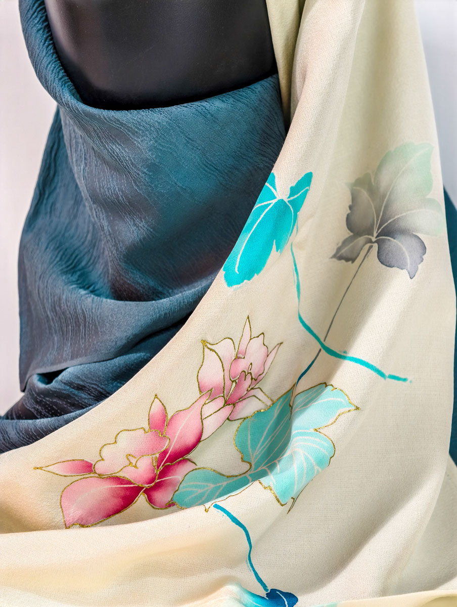 Turquoise and Cream Floral Silk Kimono x Hijab
