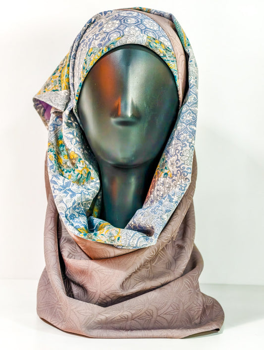 Brown Geometric Floral Silk Kimono x Hijab