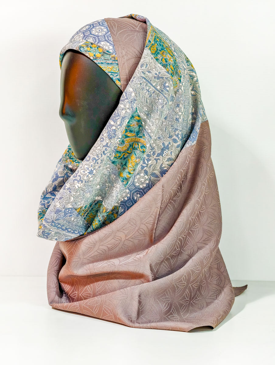 Brown Geometric Floral Silk Kimono x Hijab