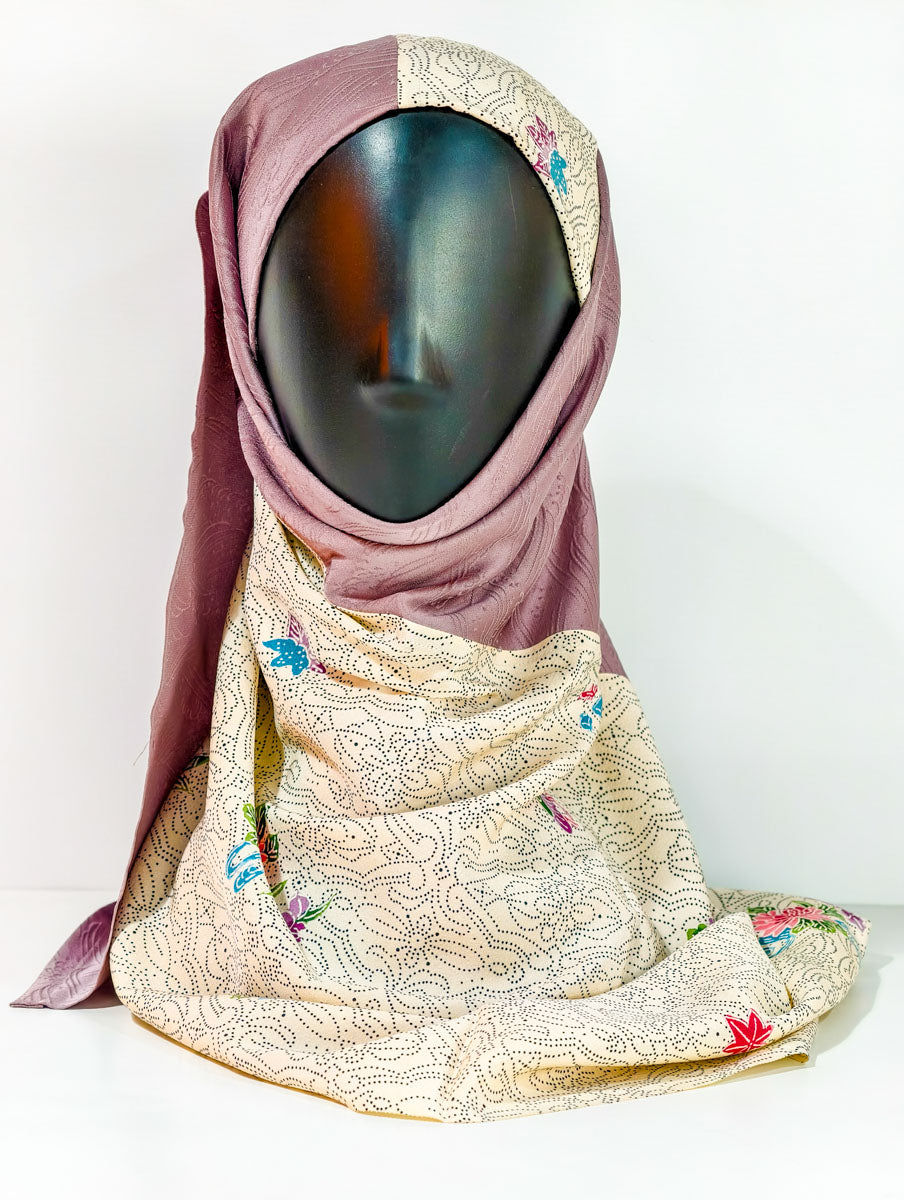 Beige Geometric Floral Theme Silk Kimono x Hijab