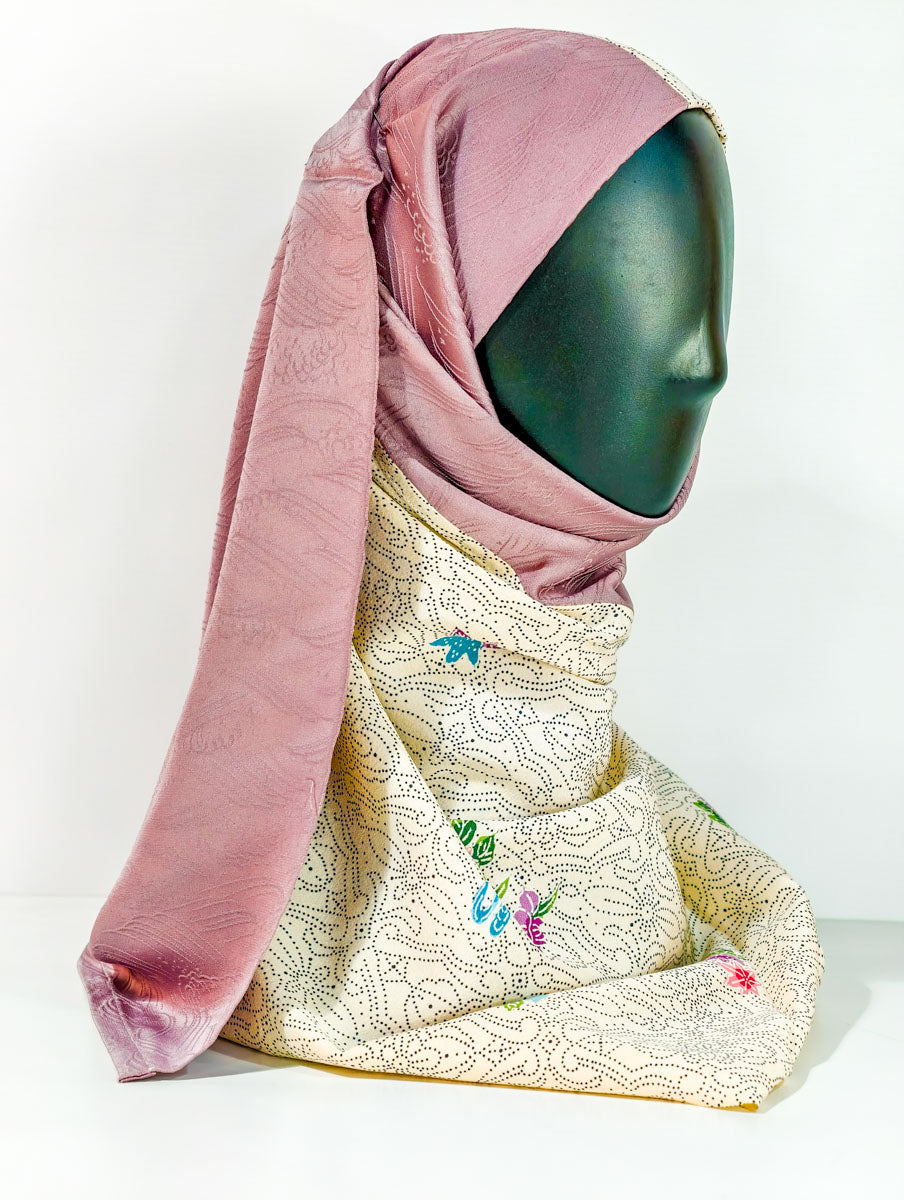 Beige Geometric Floral Theme Silk Kimono x Hijab