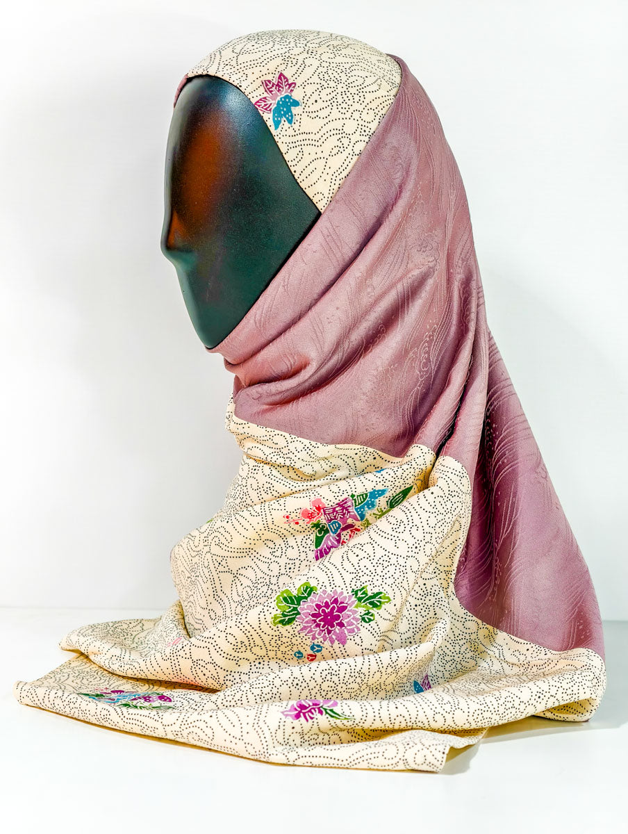 Beige Geometric Floral Theme Silk Kimono x Hijab