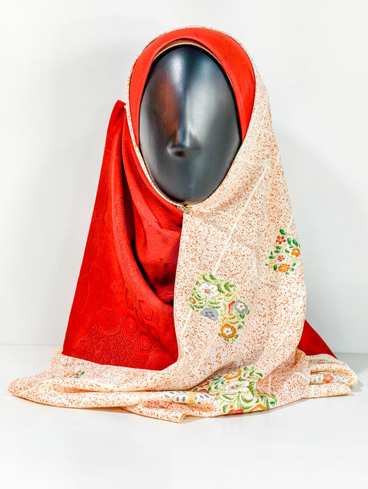 Red and Orange Geometric Floral Silk Kimono x Hijab