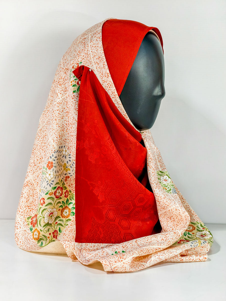 Red and Orange Geometric Floral Silk Kimono x Hijab