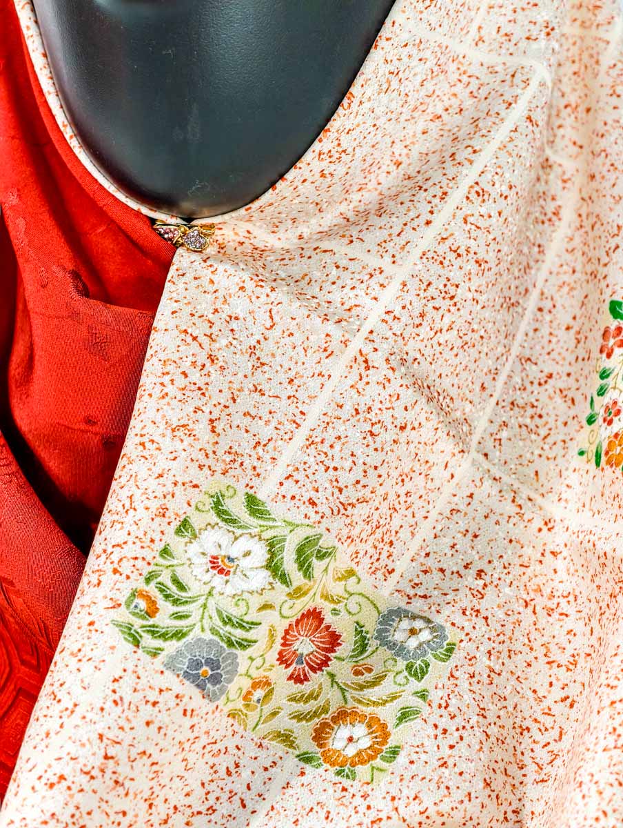 Red and Orange Geometric Floral Silk Kimono x Hijab
