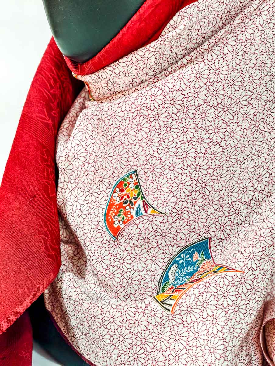 Red Geometric Japanese Fan Theme Silk Kimono x Hijab