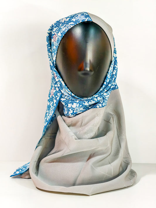 Blue and Grey Abstract Floral Silk Kimono x Hijab