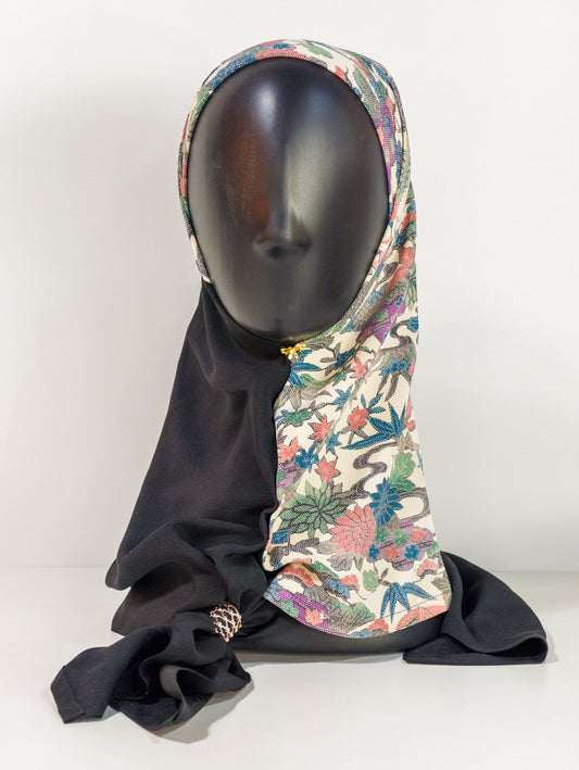 Black and Flower Themed Silk Kimono x Hijab