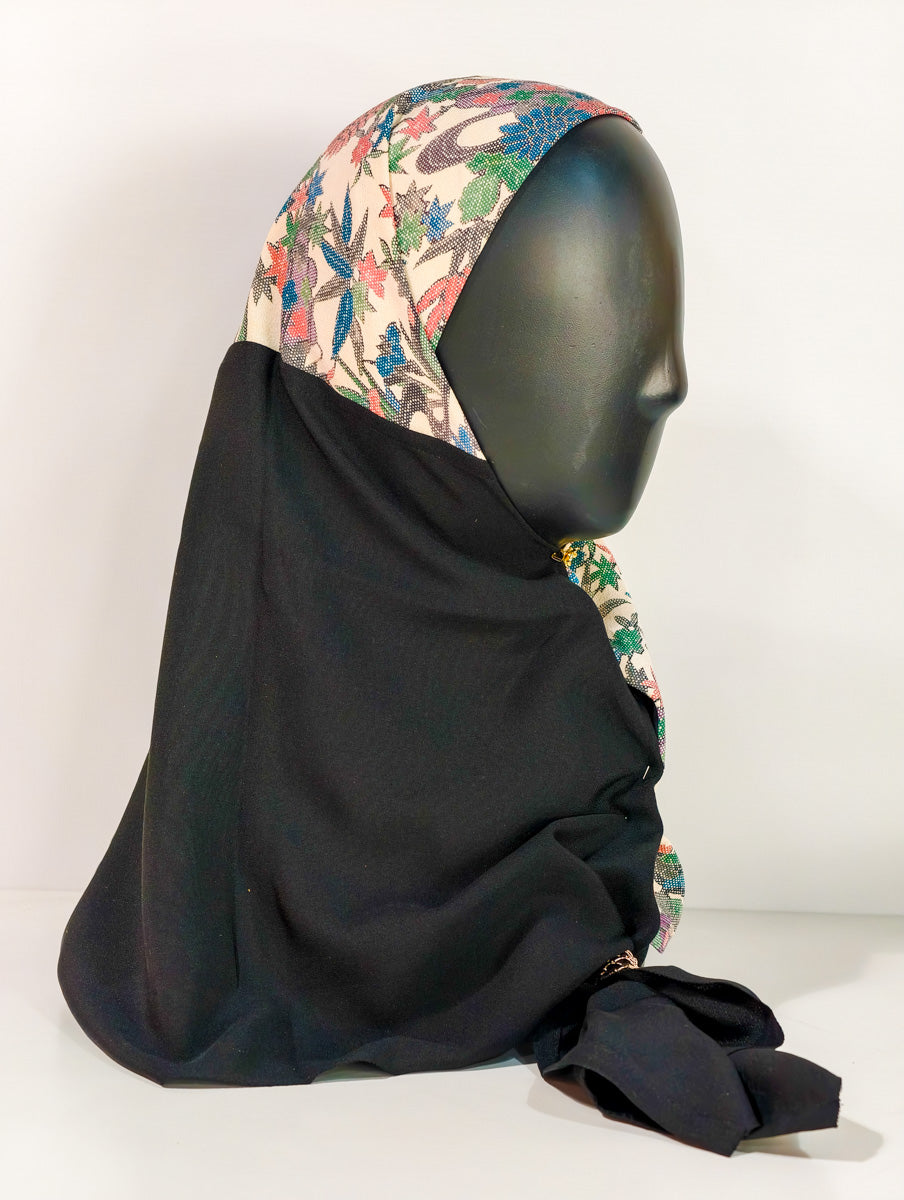 Black and Flower Themed Silk Kimono x Hijab