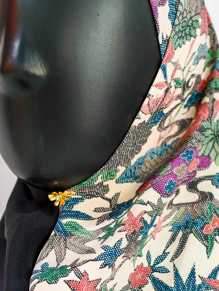 Black and Flower Themed Silk Kimono x Hijab