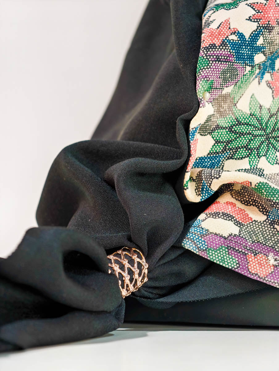 Black and Flower Themed Silk Kimono x Hijab