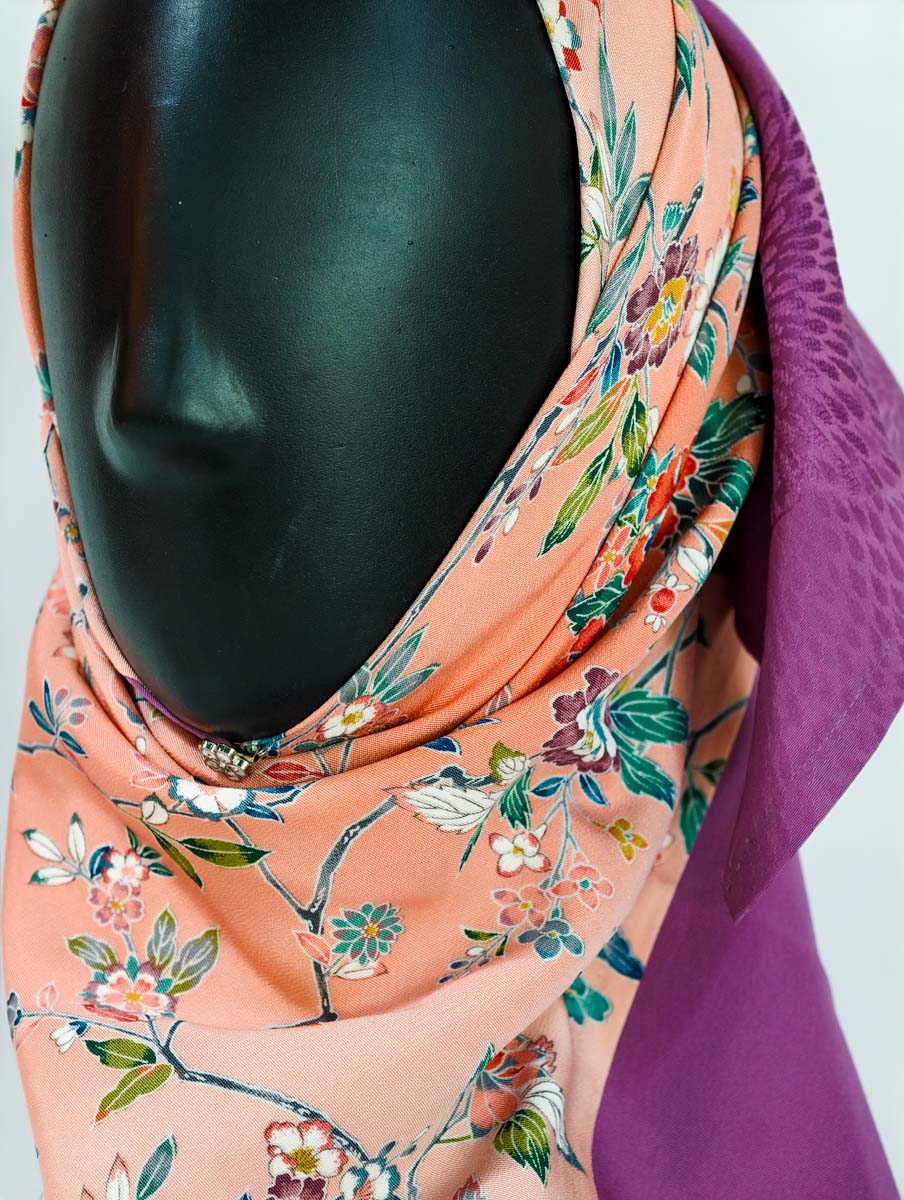 Purple and Orange Floral Silk Kimono x Hijab