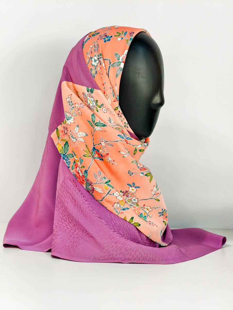 Purple and Orange Floral Silk Kimono x Hijab