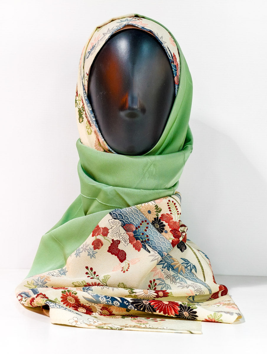 Lime Green and Cream Floral Silk Kimono x Hijab