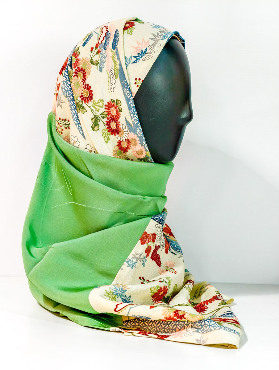 Lime Green and Cream Floral Silk Kimono x Hijab