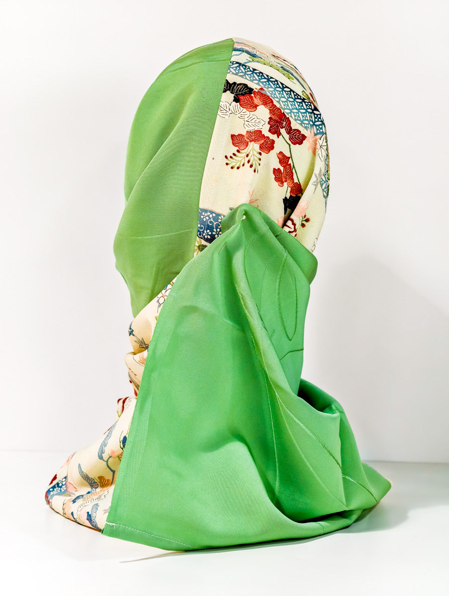 Lime Green and Cream Floral Silk Kimono x Hijab